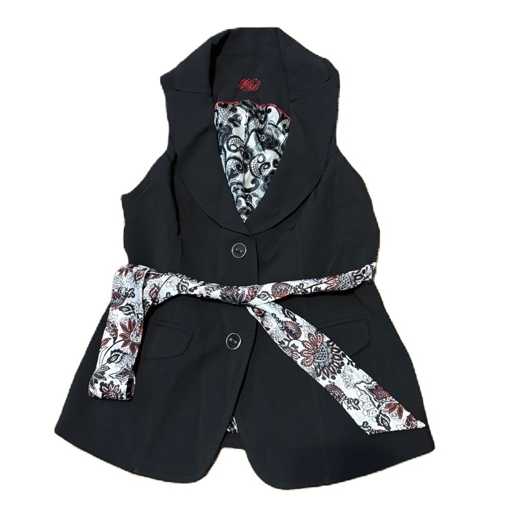 White House Black Market Sz 4 Tuxedo Vest W/ Belt Black Paisley